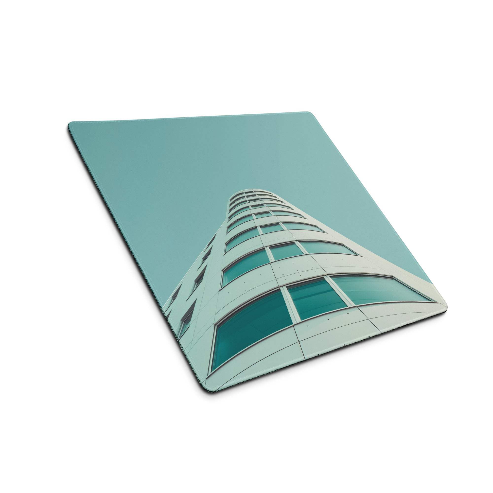 Modern architecture teal large gaming mouse pad with curved high-rise building