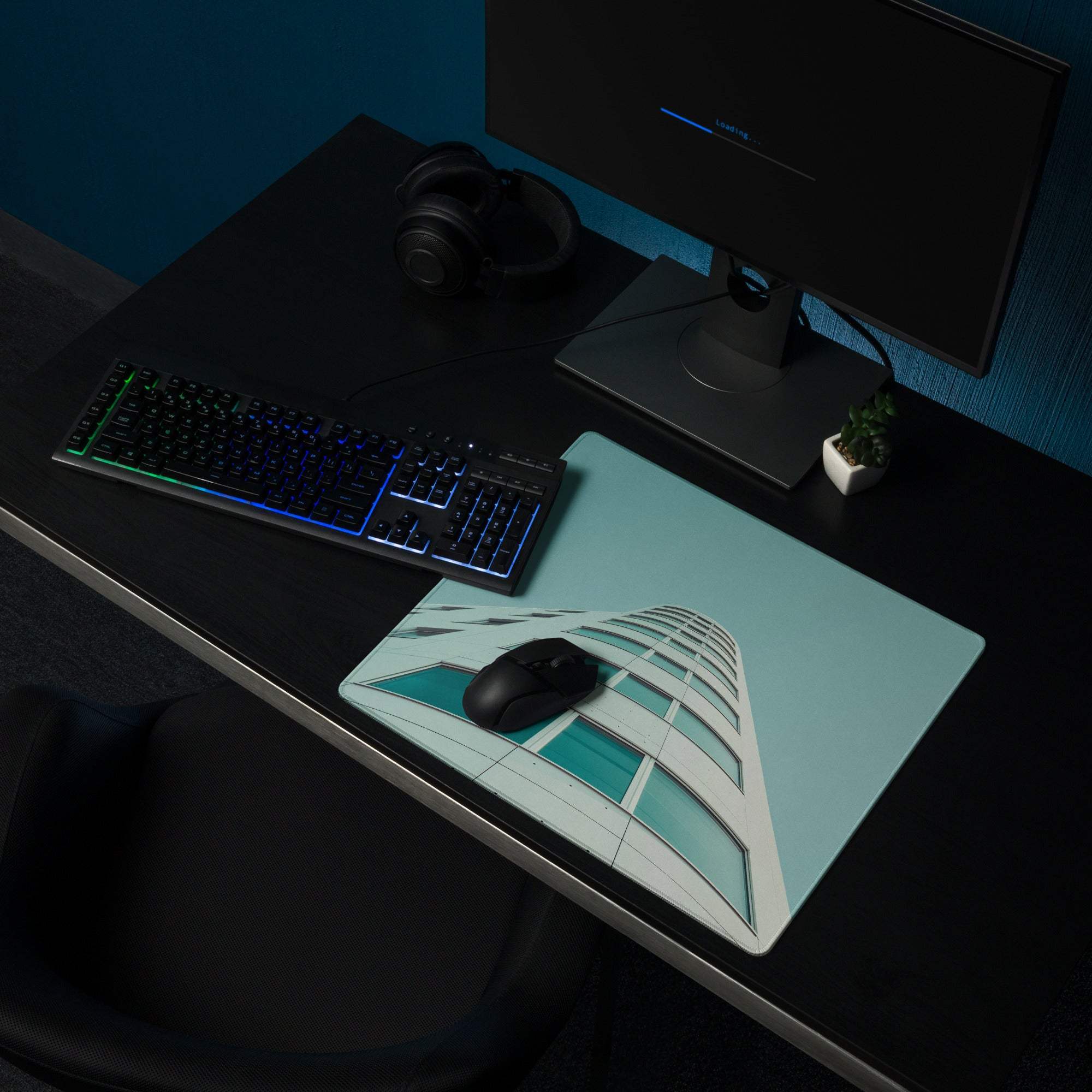 Modern Architecture Teal Large Gaming Mouse Pad with geometric patterns
