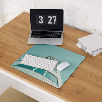 Teal Guggenheim Bilbao mousepad with non-slip base and stitching
