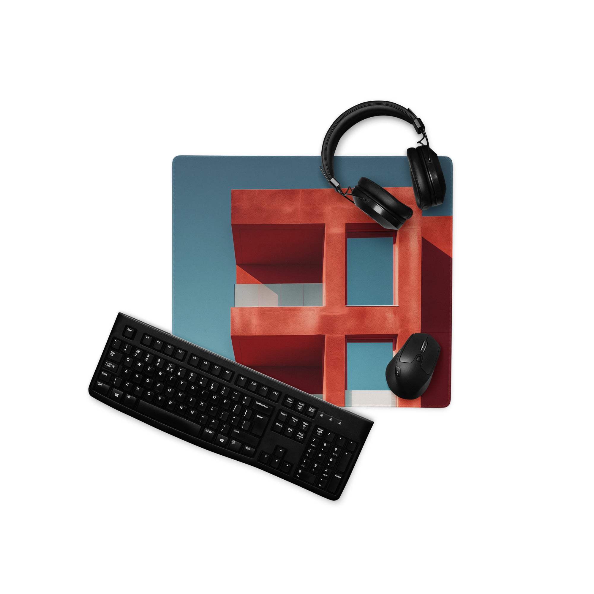Large Architectural Blue Sky Red Building Gaming Mouse Pad with Geometric Design