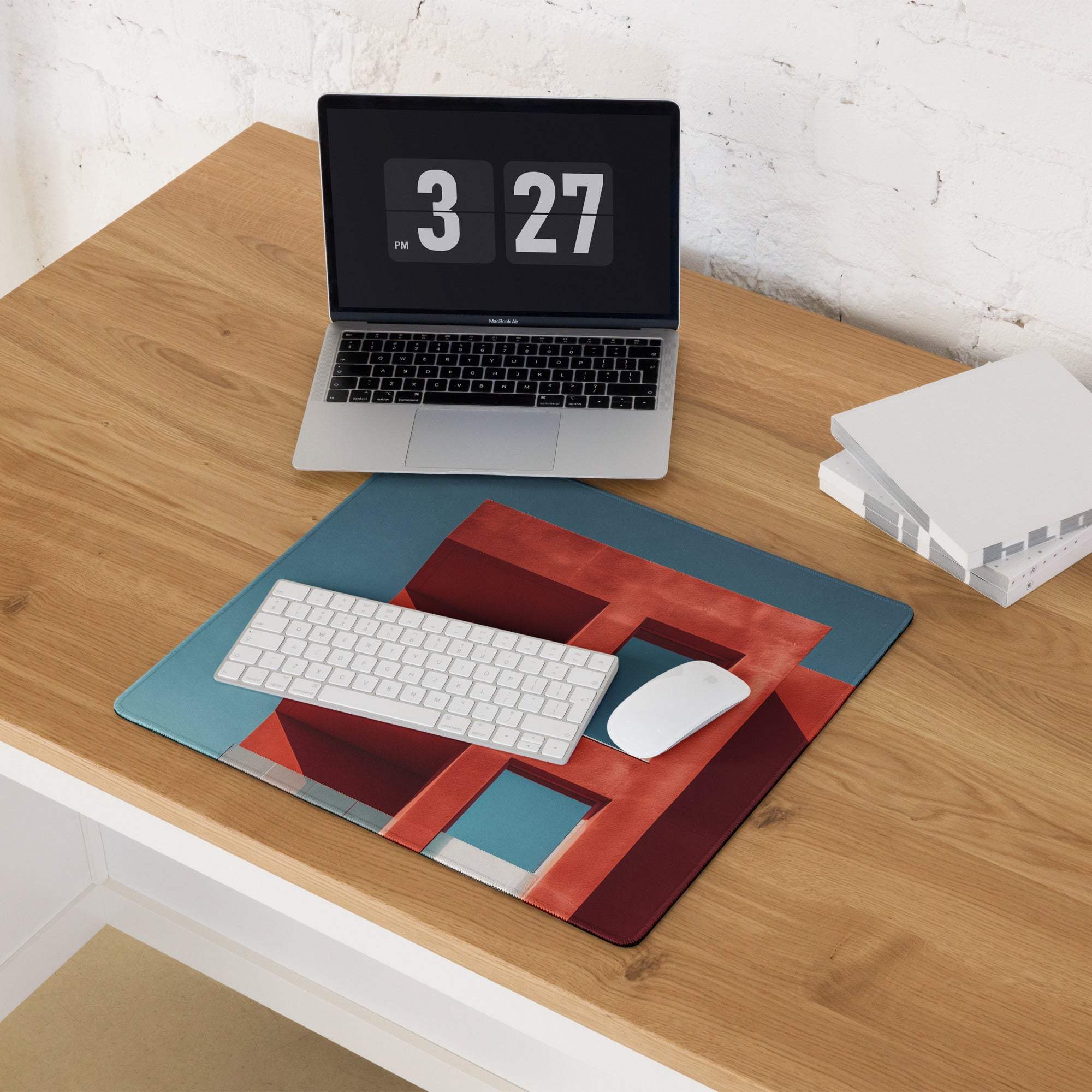 Large Architectural Blue Sky Red Building gaming mousepad with geometric red maroon teal design
