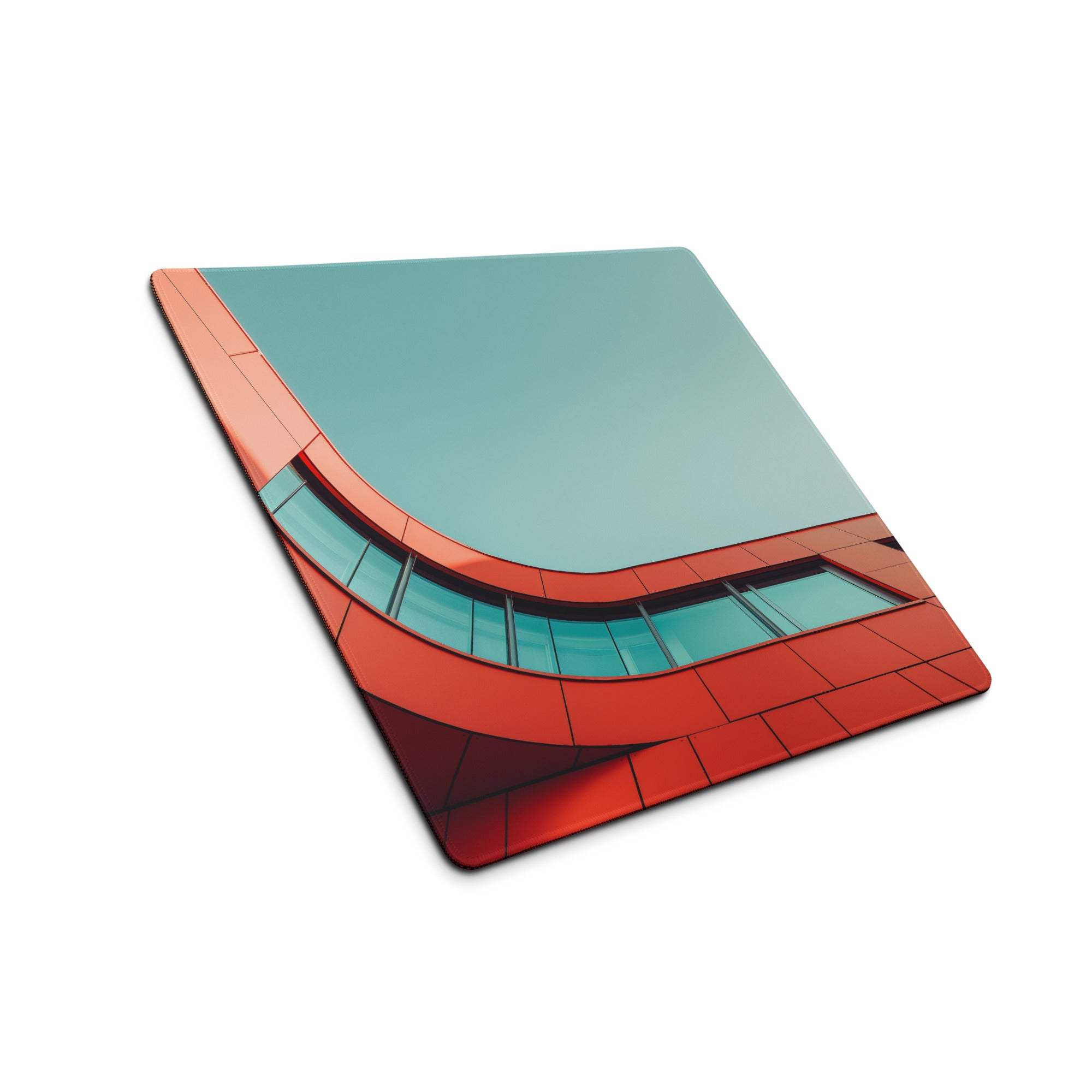 Sleek square glass mousepad with bold red teal architectural design