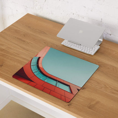 Bold red and teal geometric architectural gaming mouse pad