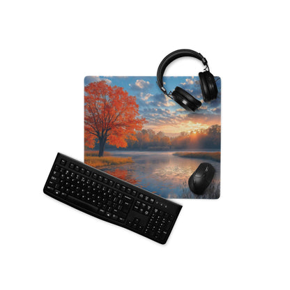 Black matte qwerty keyboard on cozy autumn sunset lakeside mouse pad