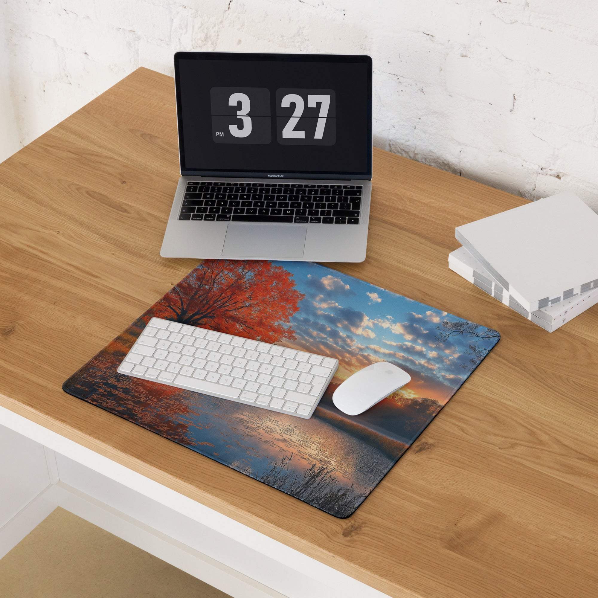 Cozy autumn sunset lakeside gaming mouse pad with fiery trees and lake reflection