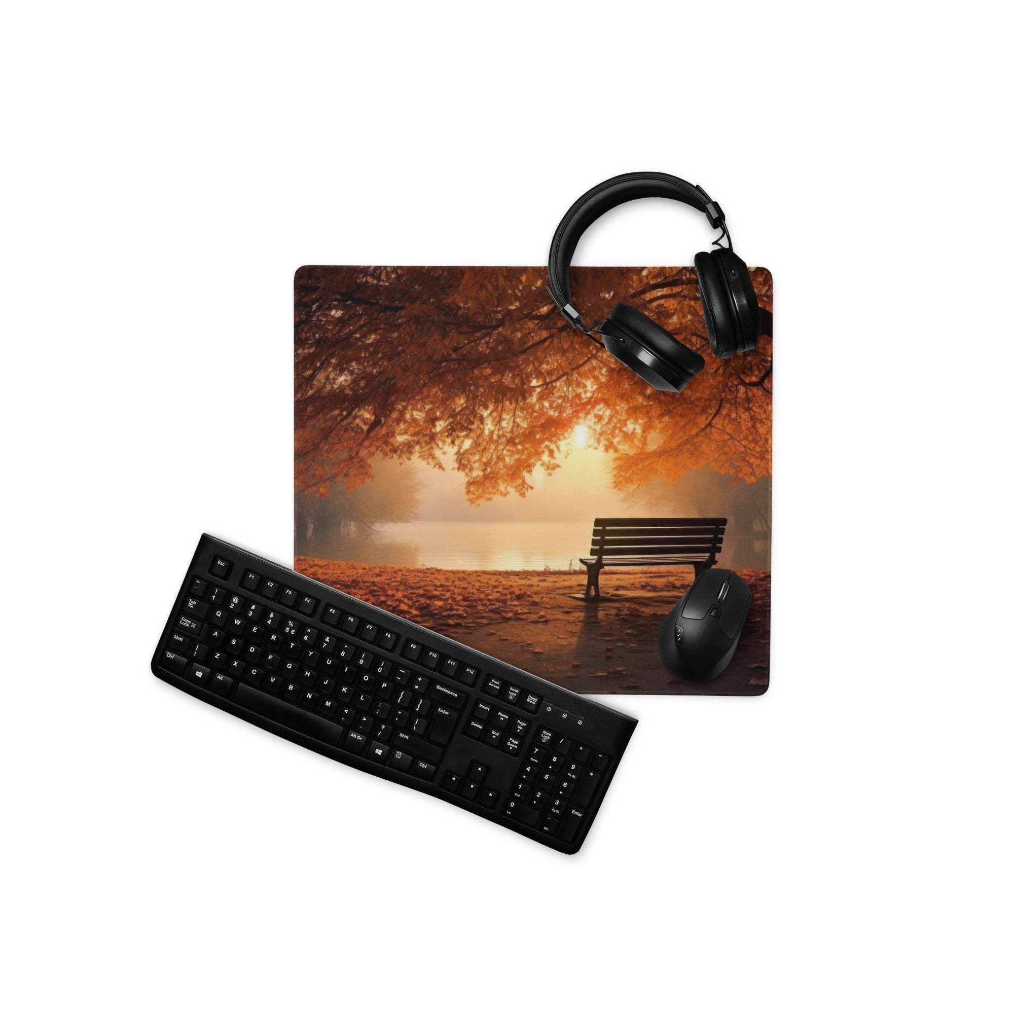 Black matte qwerty keyboard on Autumn Park Bench gaming mouse pad