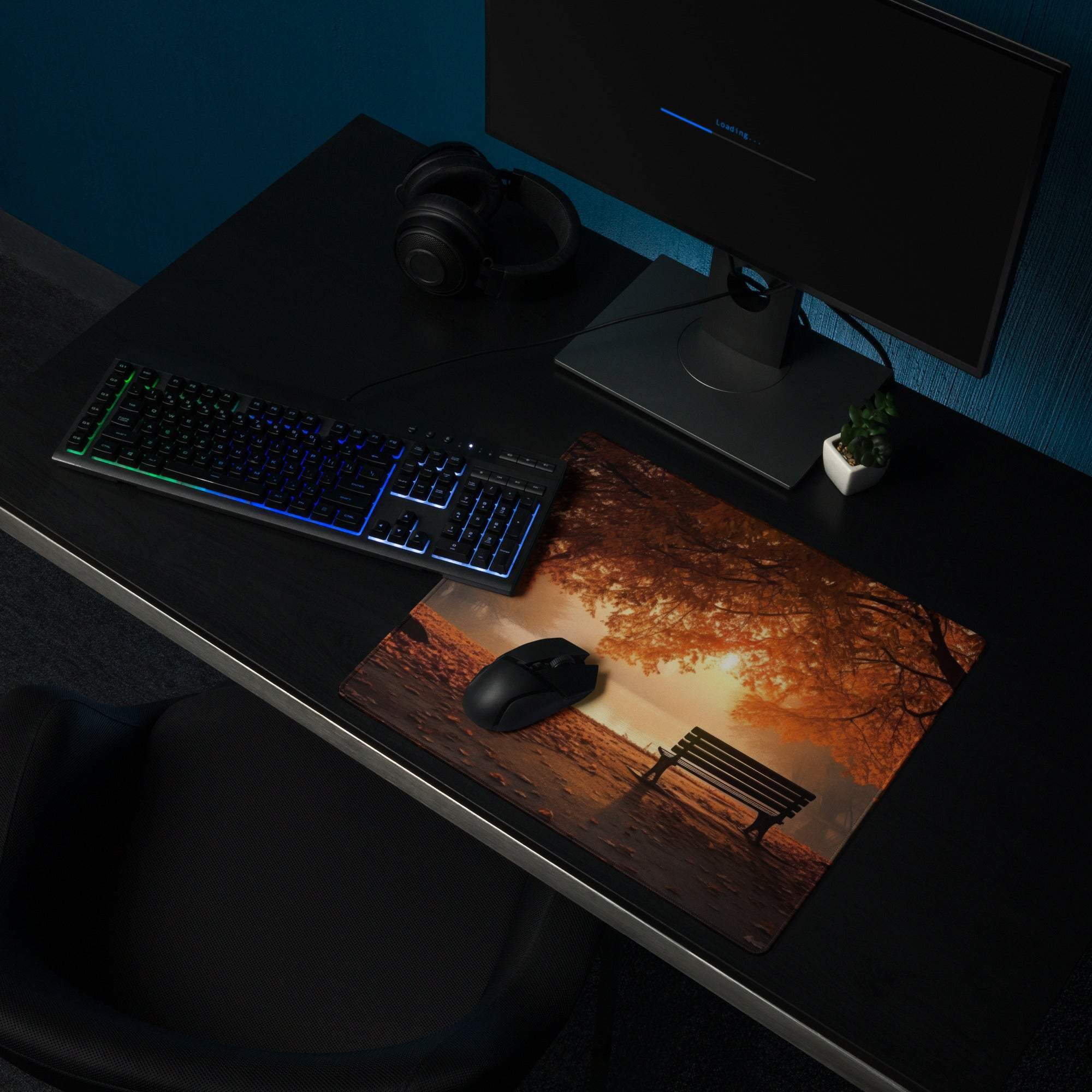 Autumn park bench scene large gaming mouse pad with non-slip backing
