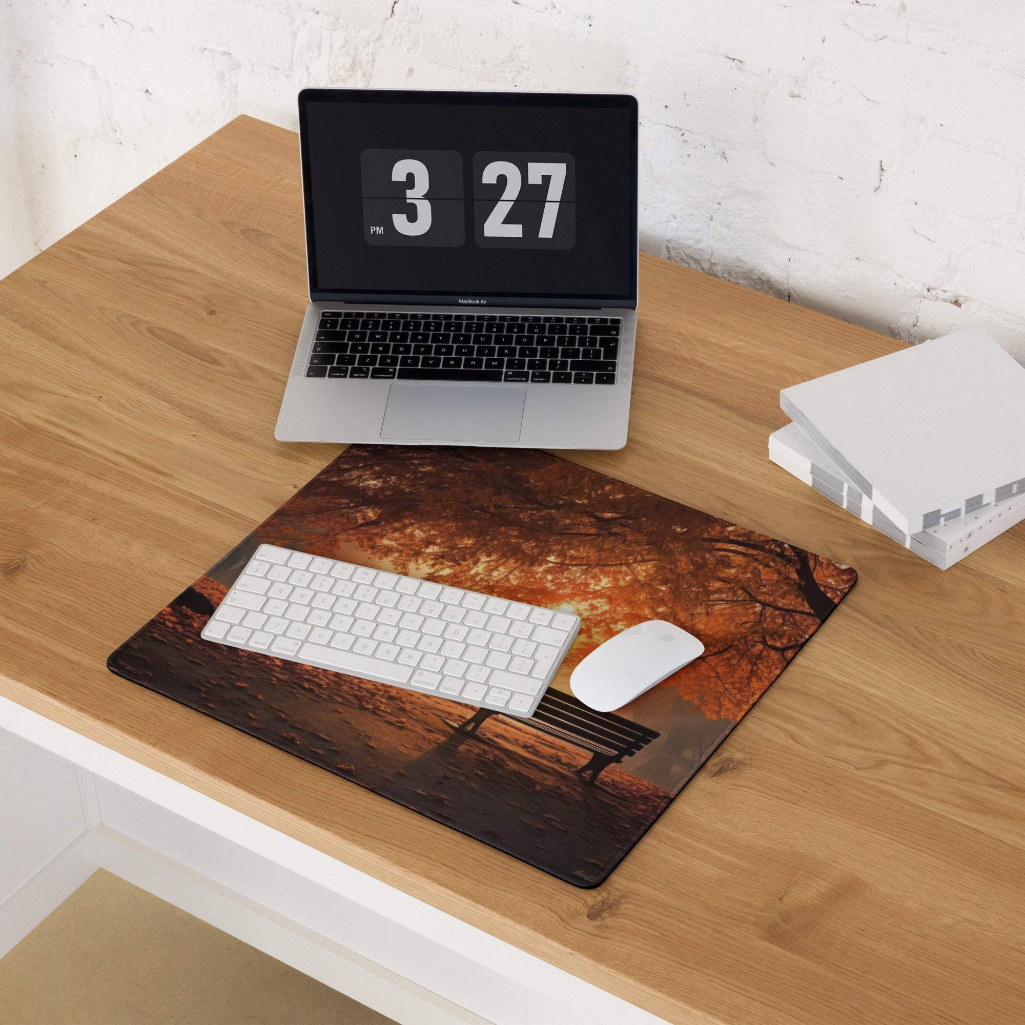 Autumn park bench scene large gaming mouse pad with non-slip backing