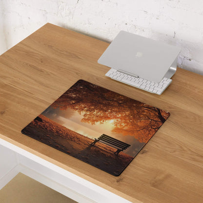 Autumn park bench gaming mouse pad with golden leaves, non-slip backing