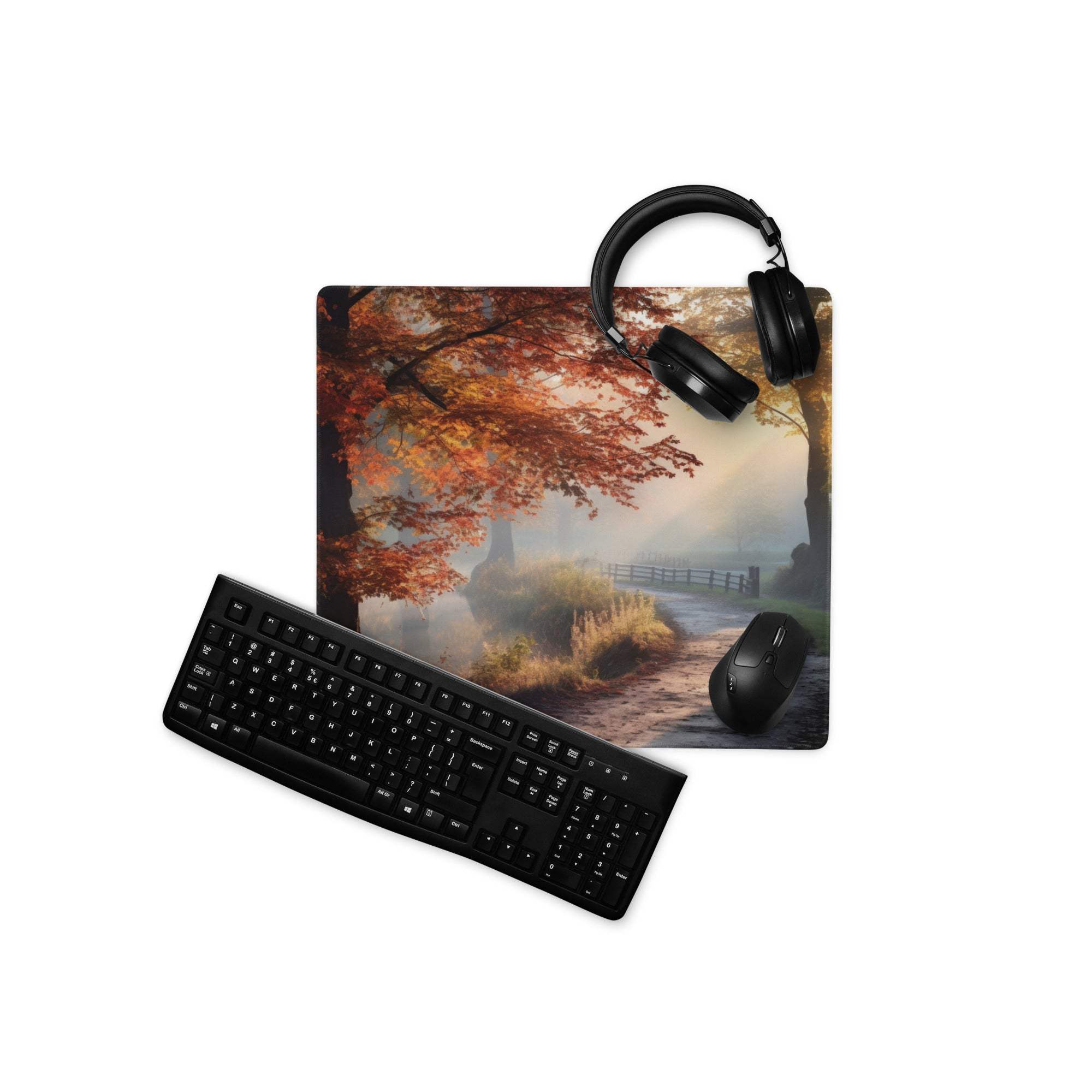 Black matte finish QWERTY keyboard on warm autumn forest gaming mouse pad