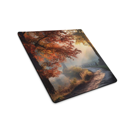 Large warm autumn forest gaming mouse pad with red leaves, mist, stitching, non-slip backing