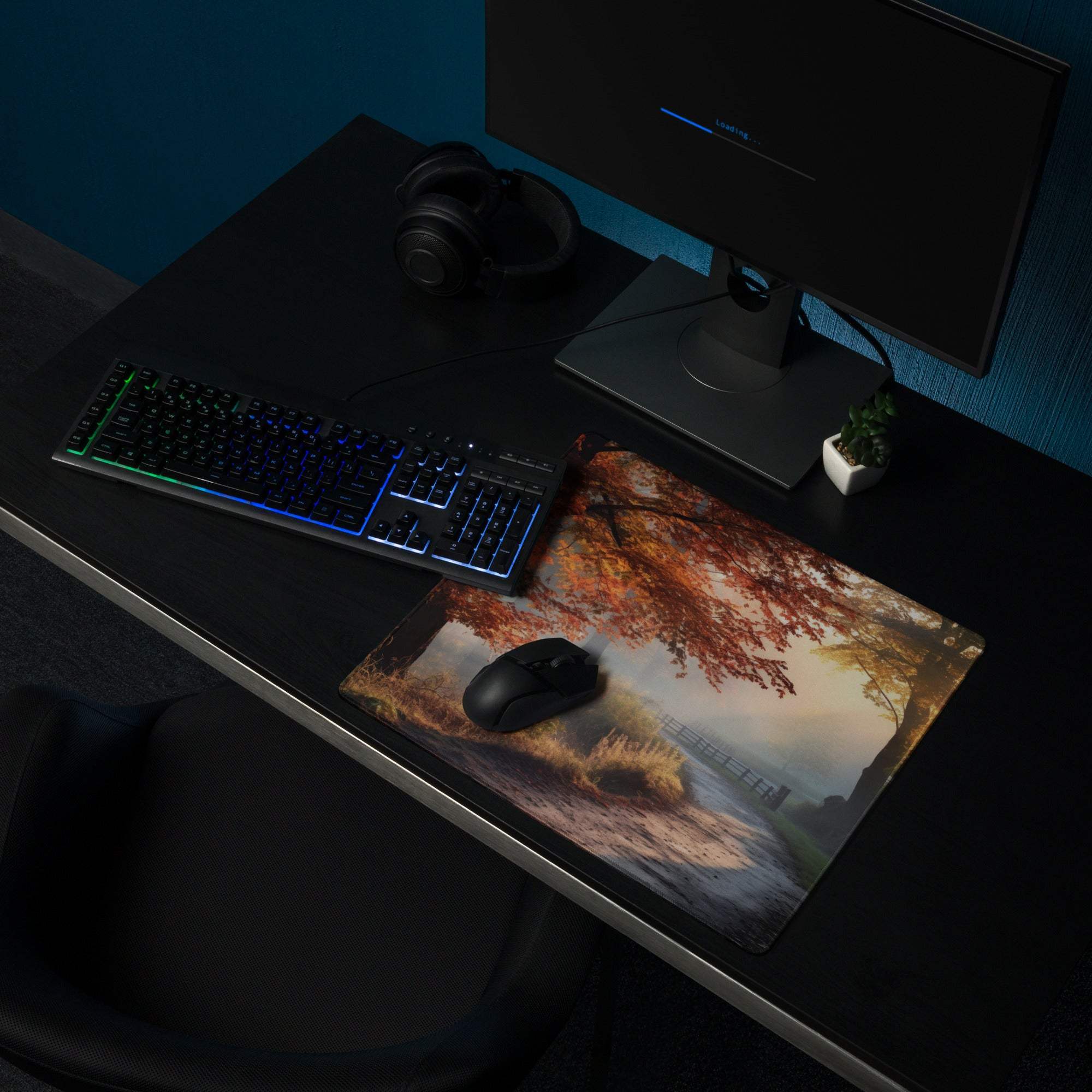 Warm autumn forest gaming mouse pad with red orange trees, wireless mouse