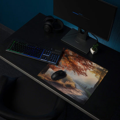 Warm autumn forest gaming mouse pad with red orange trees, wireless mouse