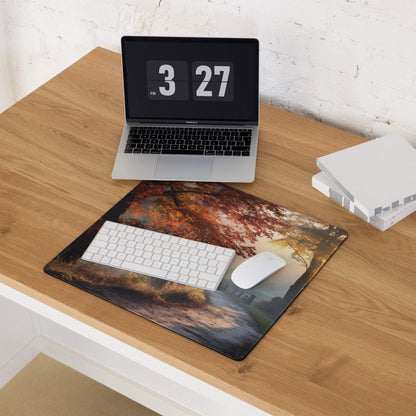 Large warm autumn forest gaming mouse pad with orange leaves, edge stitching, non-slip backing