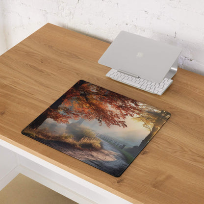 Large warm autumn forest gaming mouse pad with red leaves, misty river, edge stitching, non-slip backing