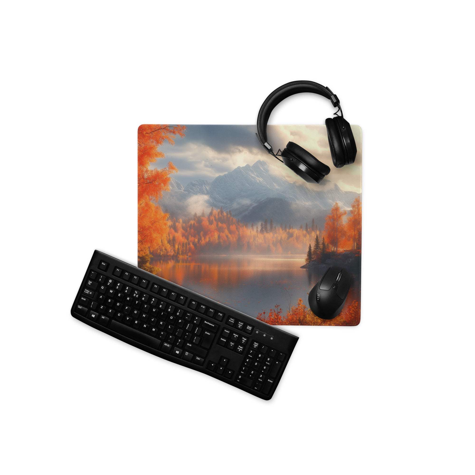 Large autumn forest gaming mouse pad with orange trees, mountains, non-slip base