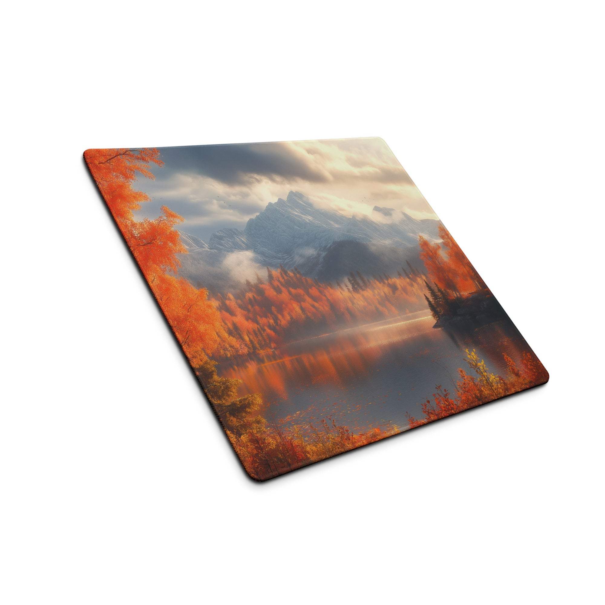 Large Autumn Forest gaming mouse pad with orange trees, misty mountains, non-slip base