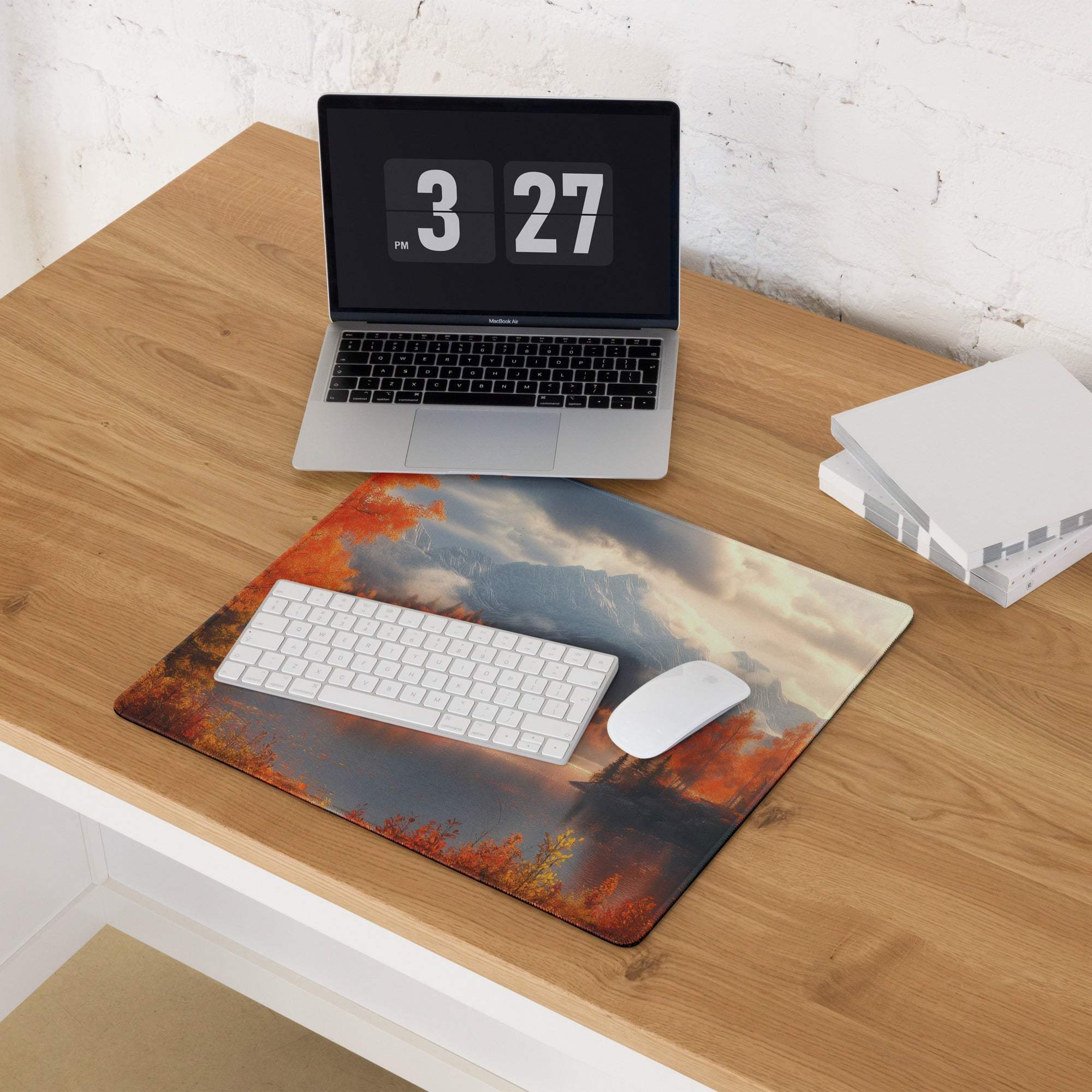Large autumn forest gaming mouse pad with orange red trees on desk