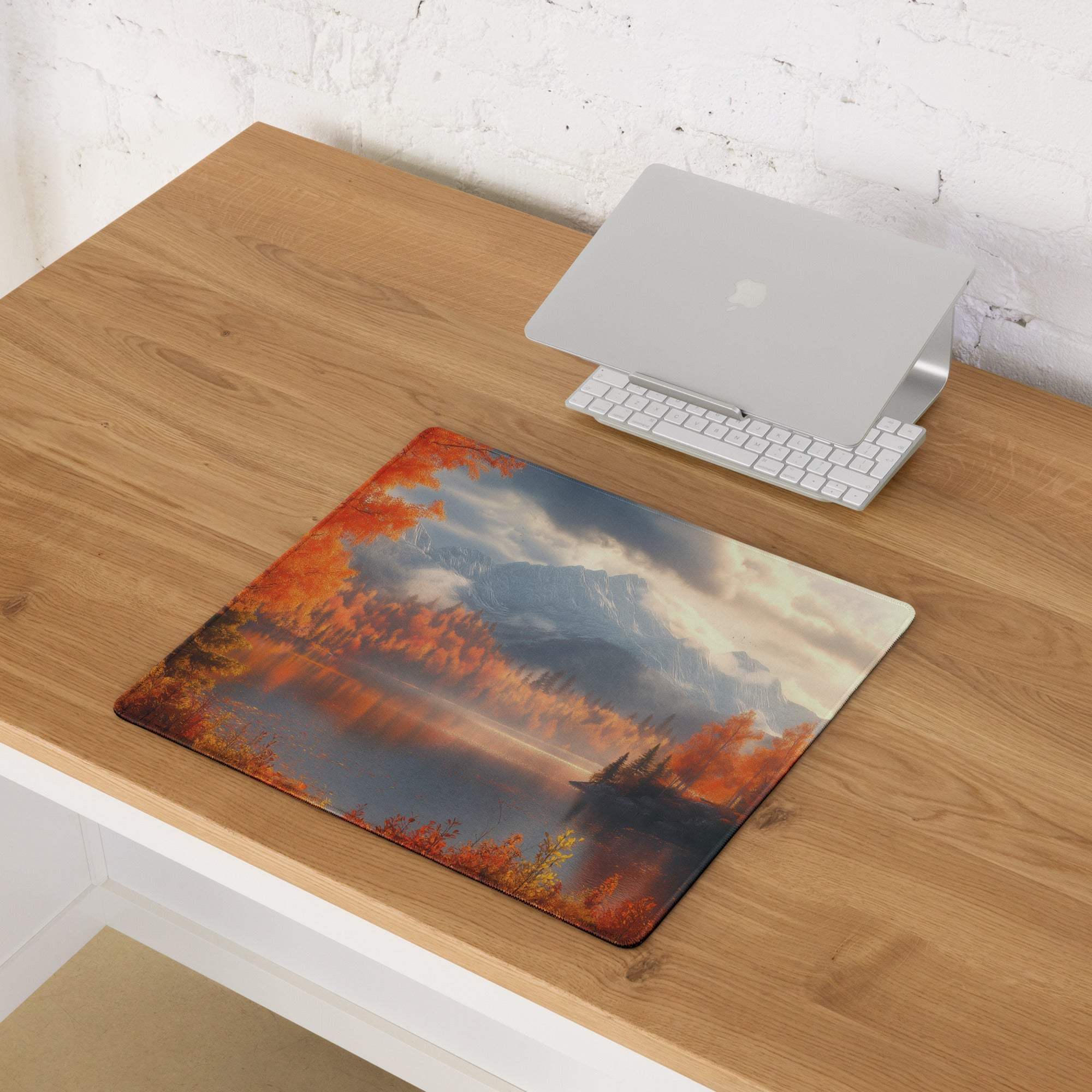 Large Autumn Forest gaming mouse pad with fiery orange trees reflecting in water