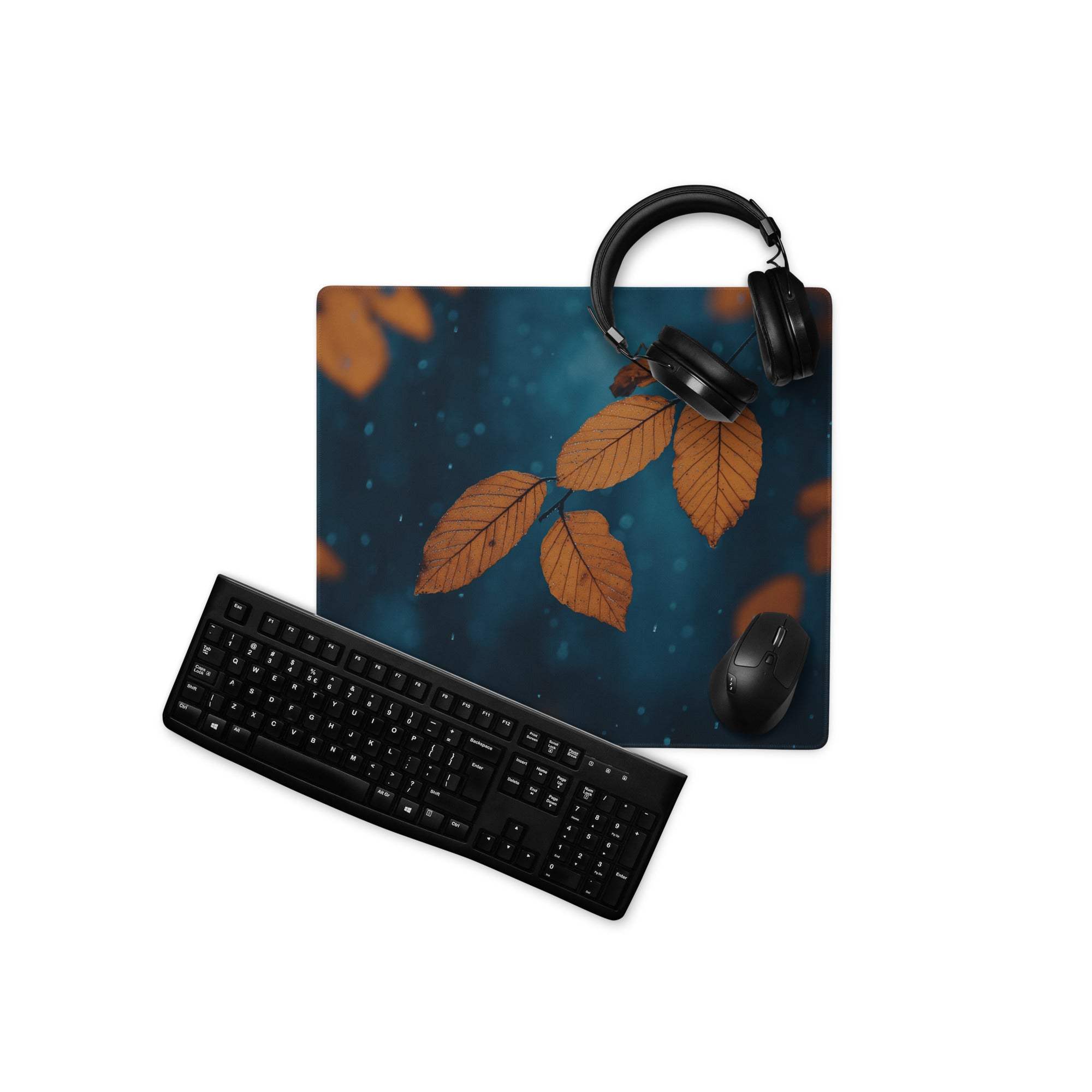 Nature-inspired autumn leaves on deep blue non-slip gaming mouse pad