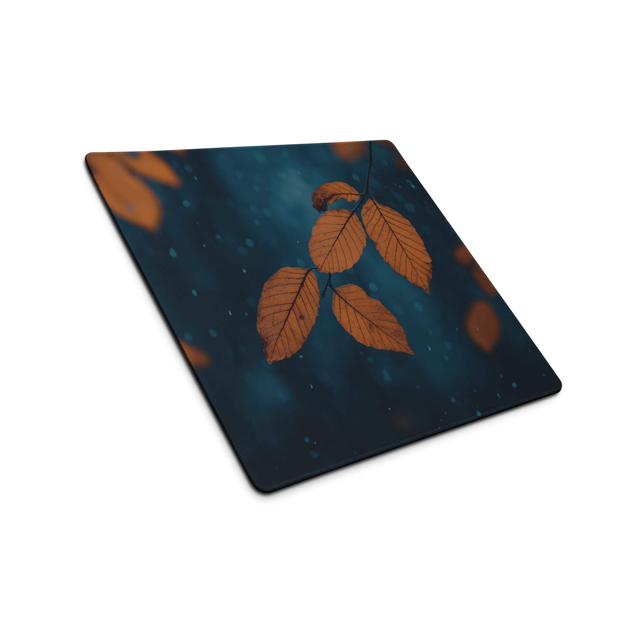 Nature inspired autumn leaves on deep teal large gaming mouse pad