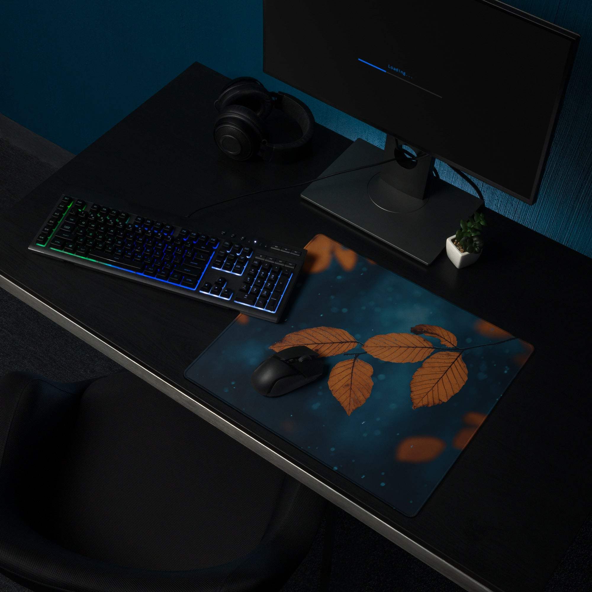 Nature inspired autumn leaves on deep blue gaming mouse pad