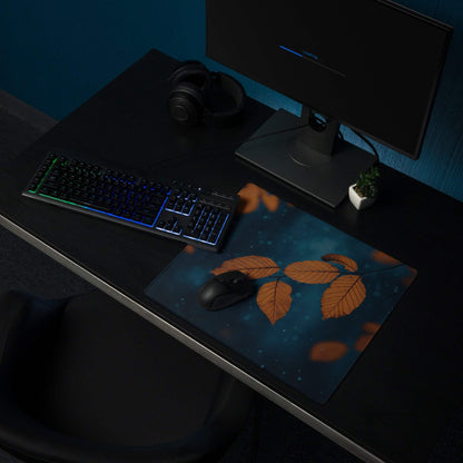 Nature inspired autumn leaves on deep blue gaming mouse pad