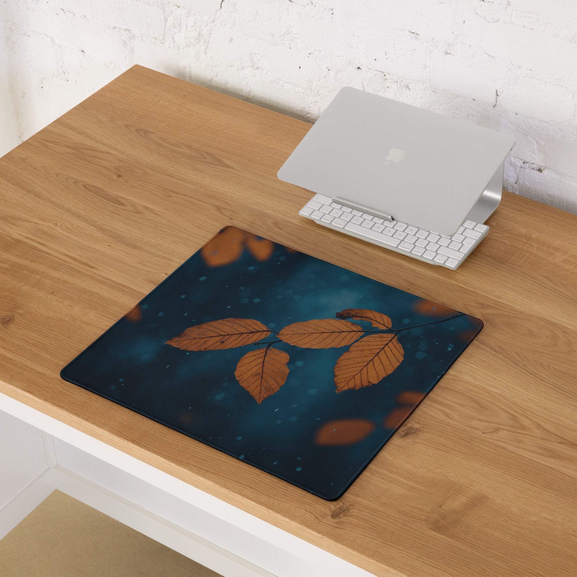 Nature inspired autumn leaves on deep teal non-slip gaming mouse pad