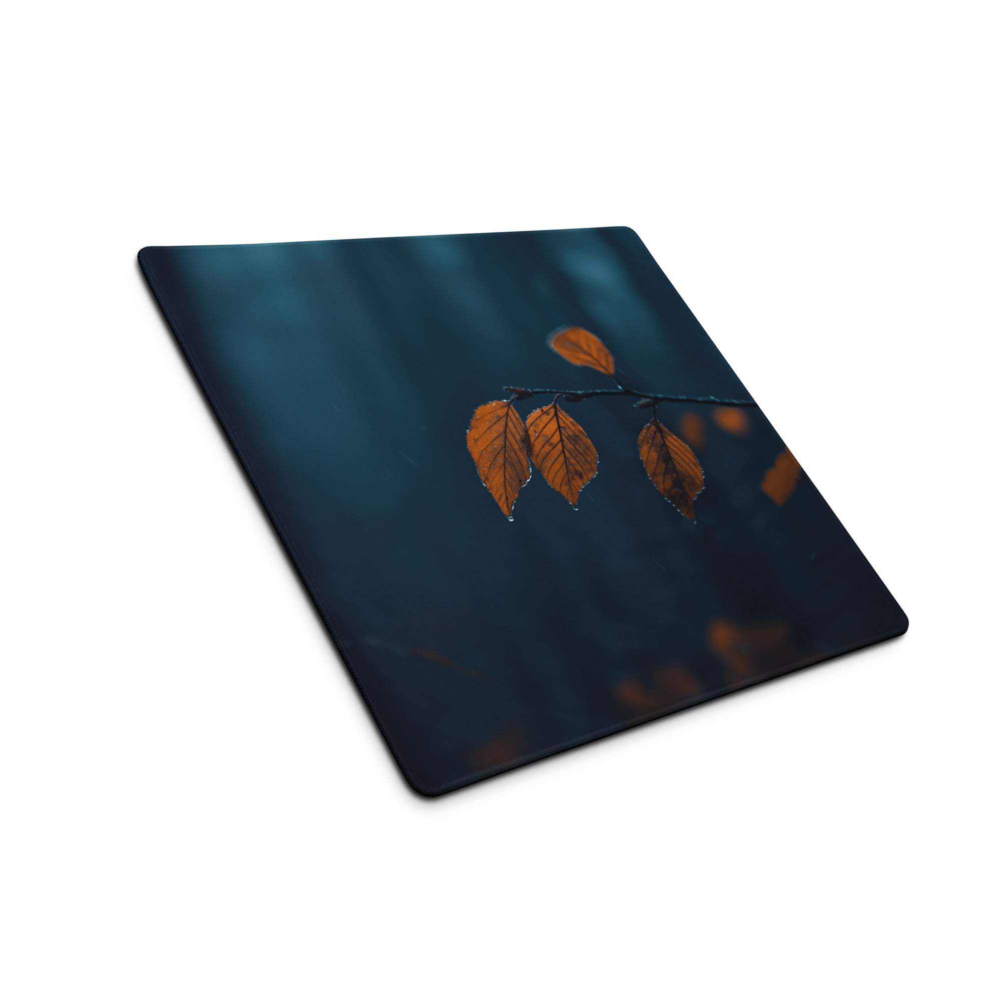 Large moody night scene leaves gaming mouse pad with autumn leaves on teal background