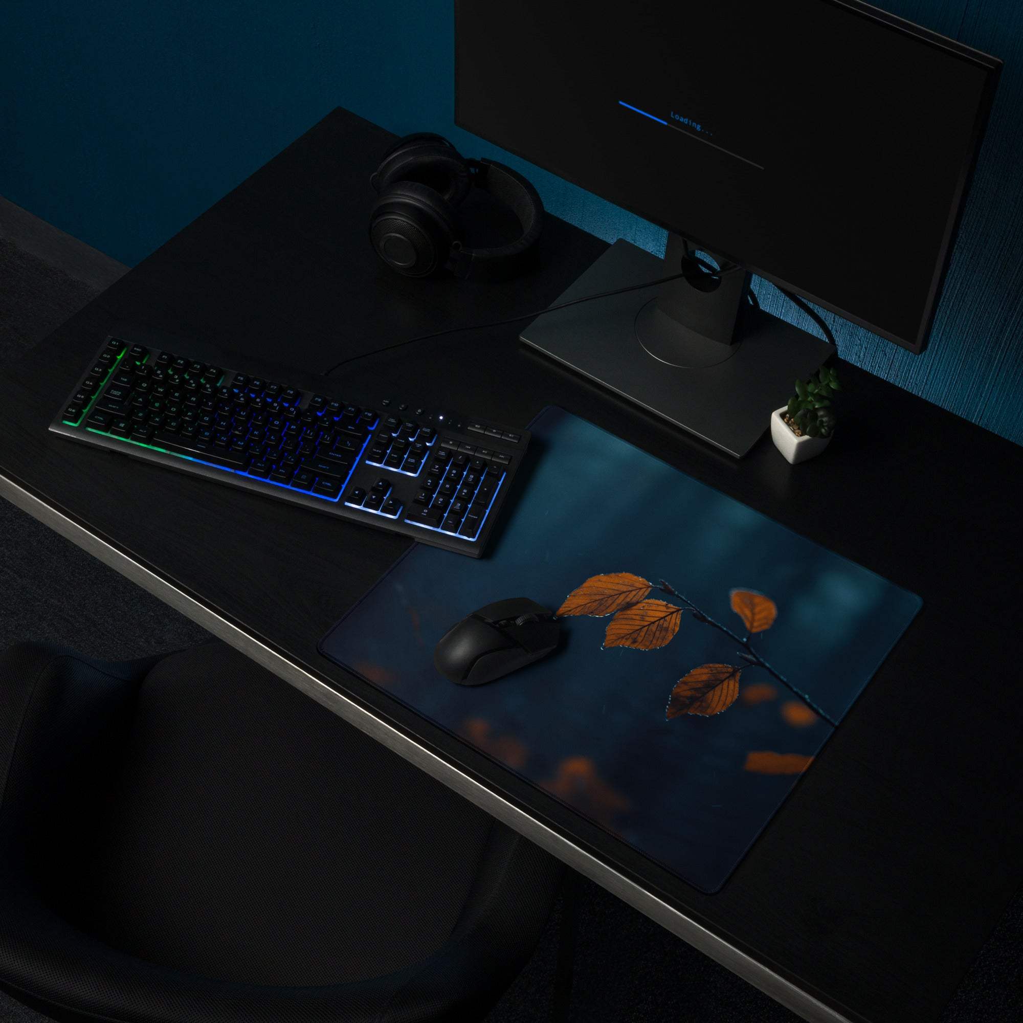Large Moody Night Scene gaming mouse pad with deep blue background and orange autumn leaves on branch