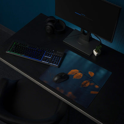 Large Moody Night Scene gaming mouse pad with deep blue background and orange autumn leaves on branch