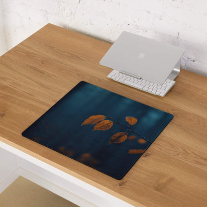 Large Moody Night Scene gaming mouse pad with deep blue base and orange autumn leaves