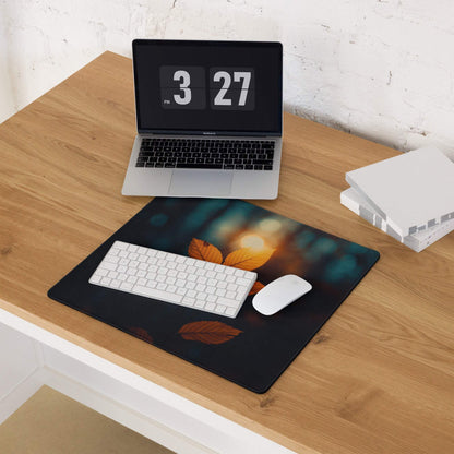 Large autumn leaf gaming mouse pad with orange teal bokeh, non-slip backing
