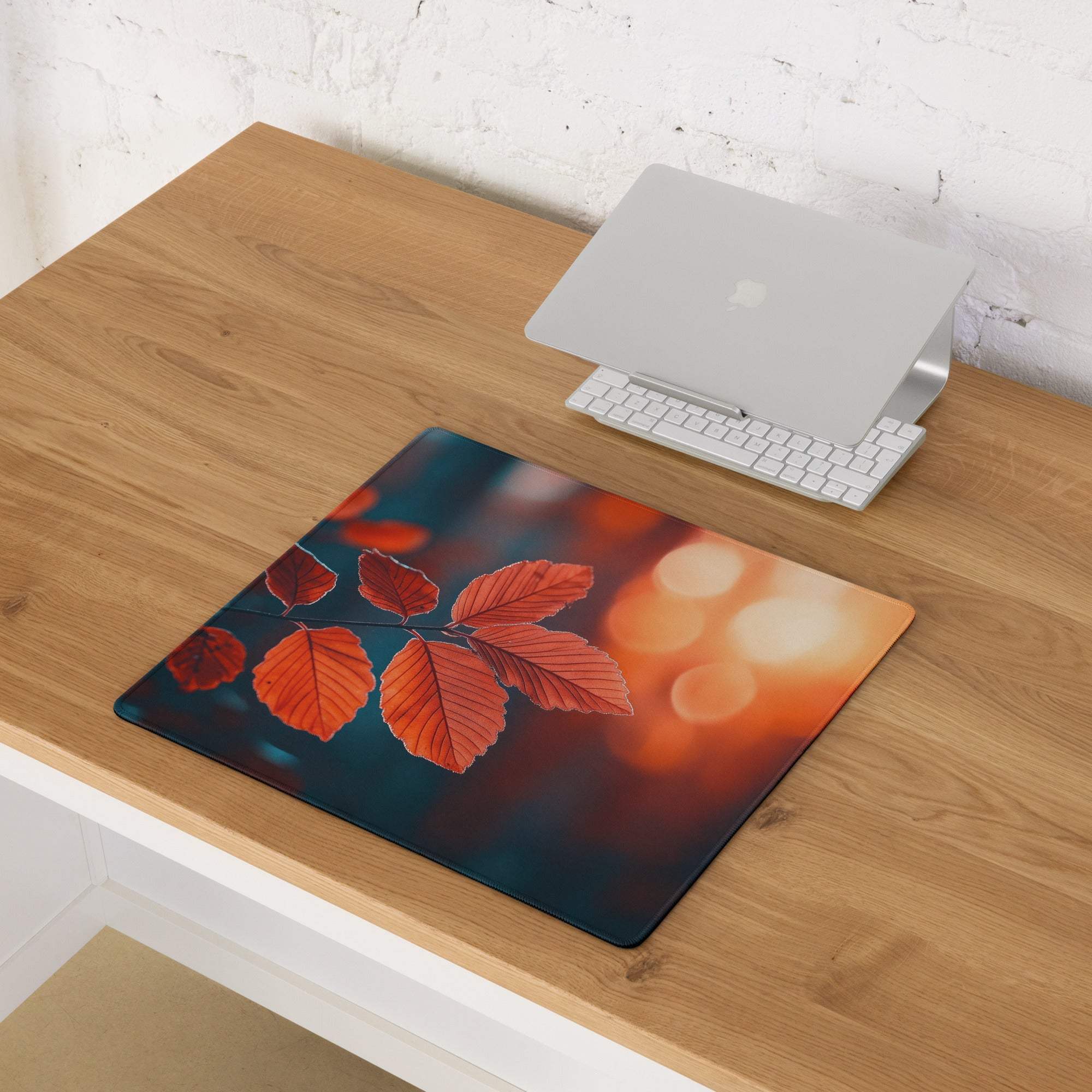 Autumn Leaves Warm Sunset large gaming mouse pad with orange leaves on blue bokeh