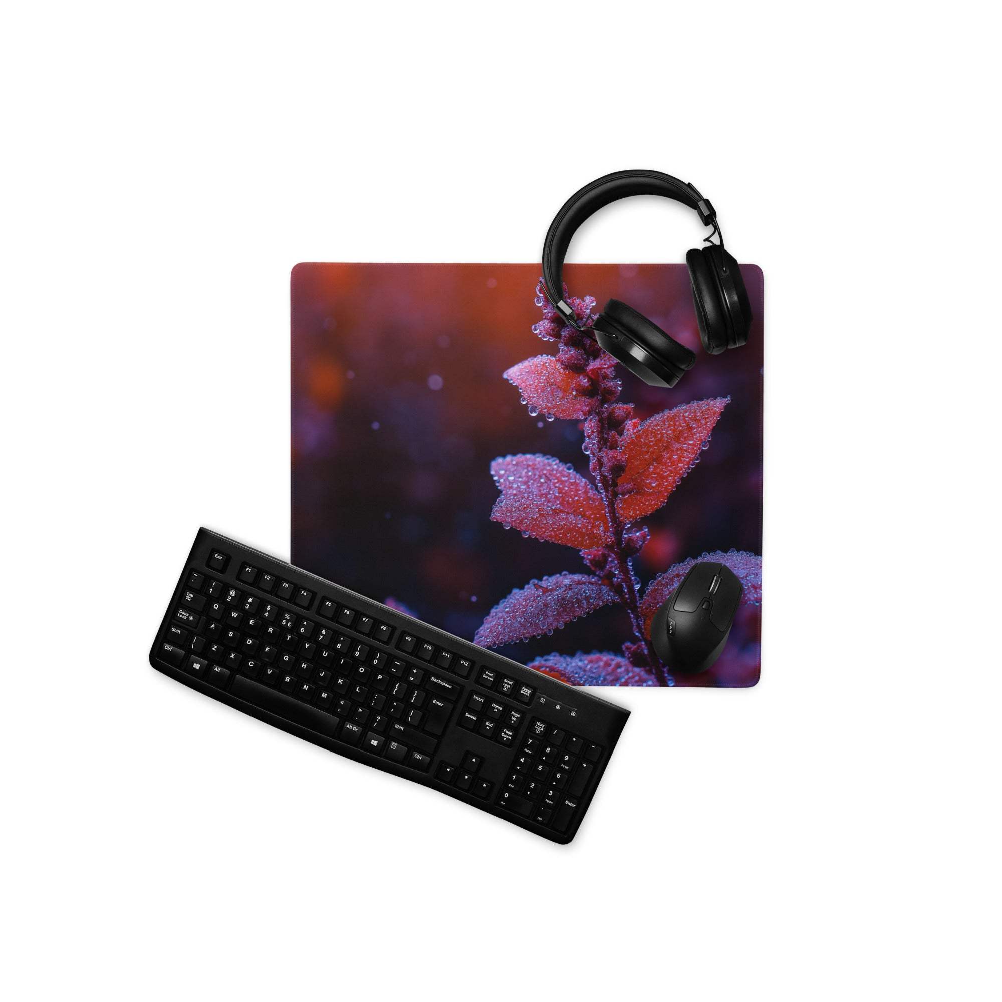 Vibrant red leaf macro close-up gaming mouse pad with frost-covered pink purple plant