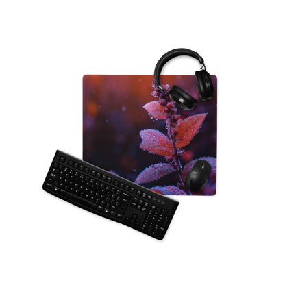 Vibrant red leaf macro close-up gaming mouse pad with frost-covered pink purple plant