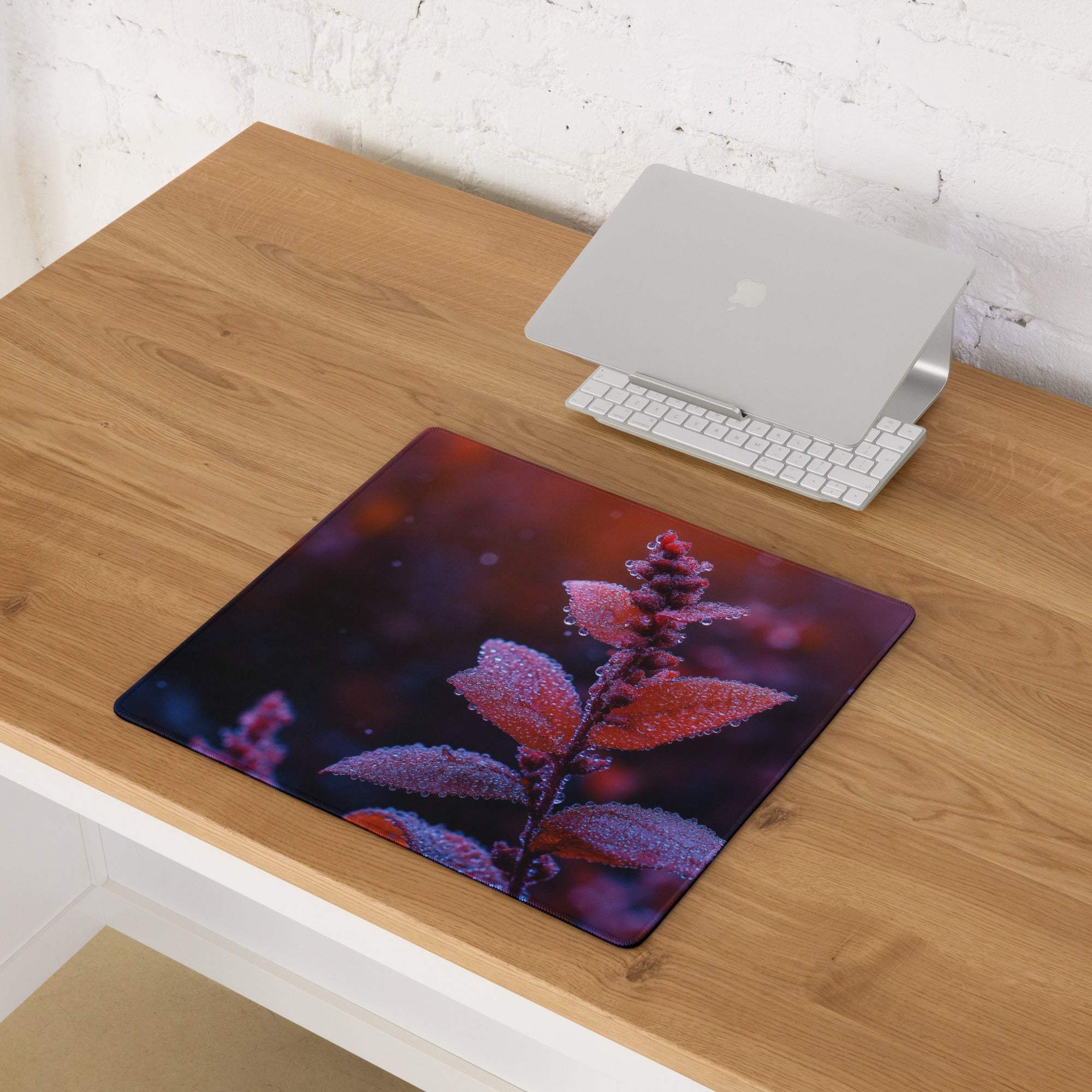 Vibrant red purple dew-drenched leaf macro gaming mouse pad large non-slip base