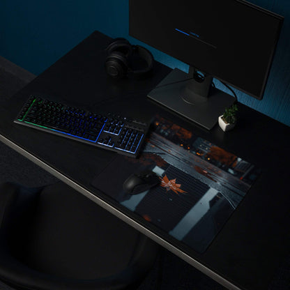 Moody urban night gaming mousepad with glowing streets and orange leaf