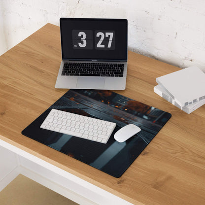 Moody urban night cityscape mousepad with glowing lights, wet pavement, edge stitch