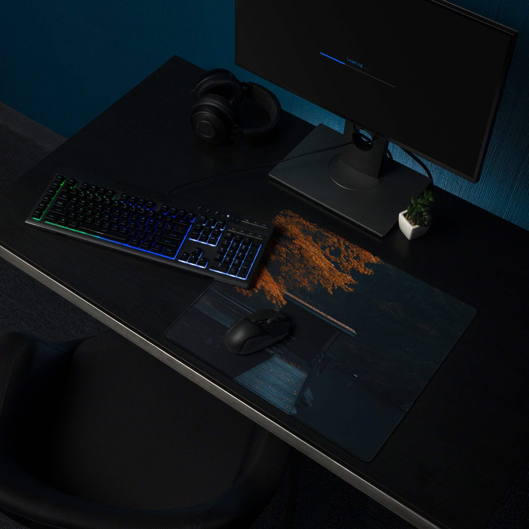 Black Moody Autumn Forest gaming mousepad with tree design and non-slip base