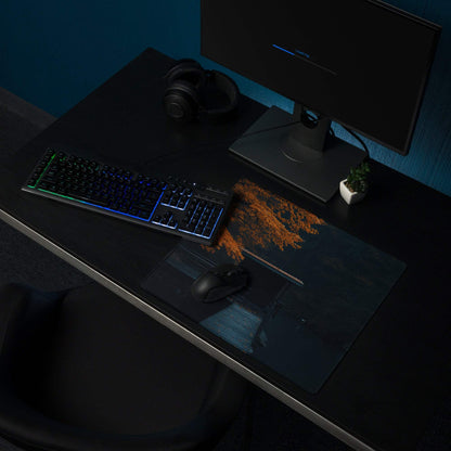 Black Moody Autumn Forest gaming mousepad with tree design and non-slip base