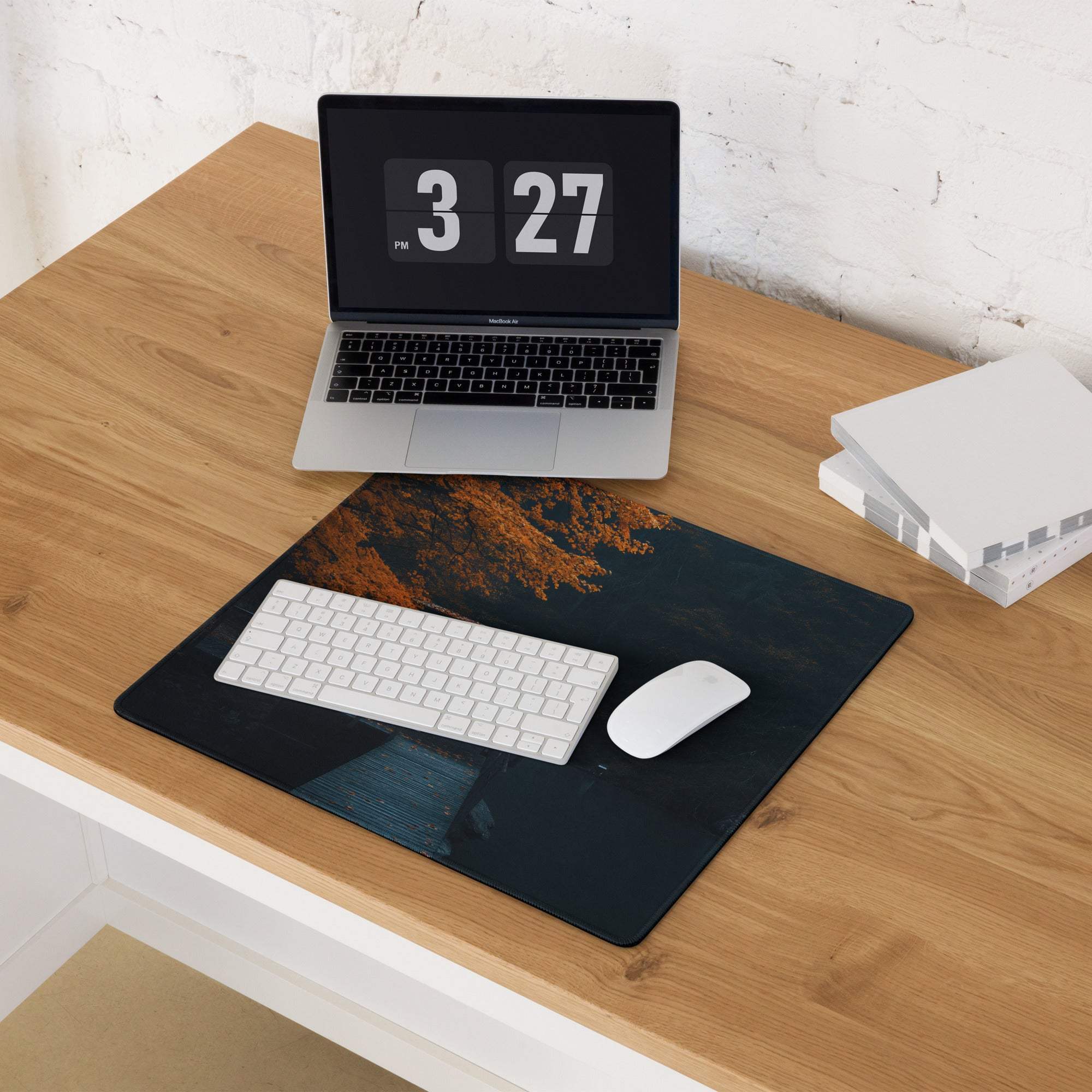 Moody Autumn Forest large gaming mouse pad with orange tree design