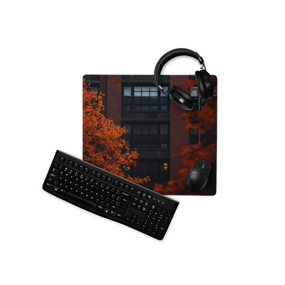 Black matte qwerty keyboard on autumn orange cityscape mouse pad