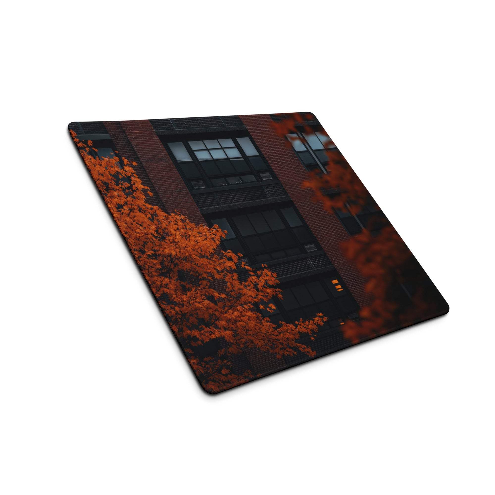 Autumn orange cityscape gaming mouse pad with vibrant leaves and brick building
