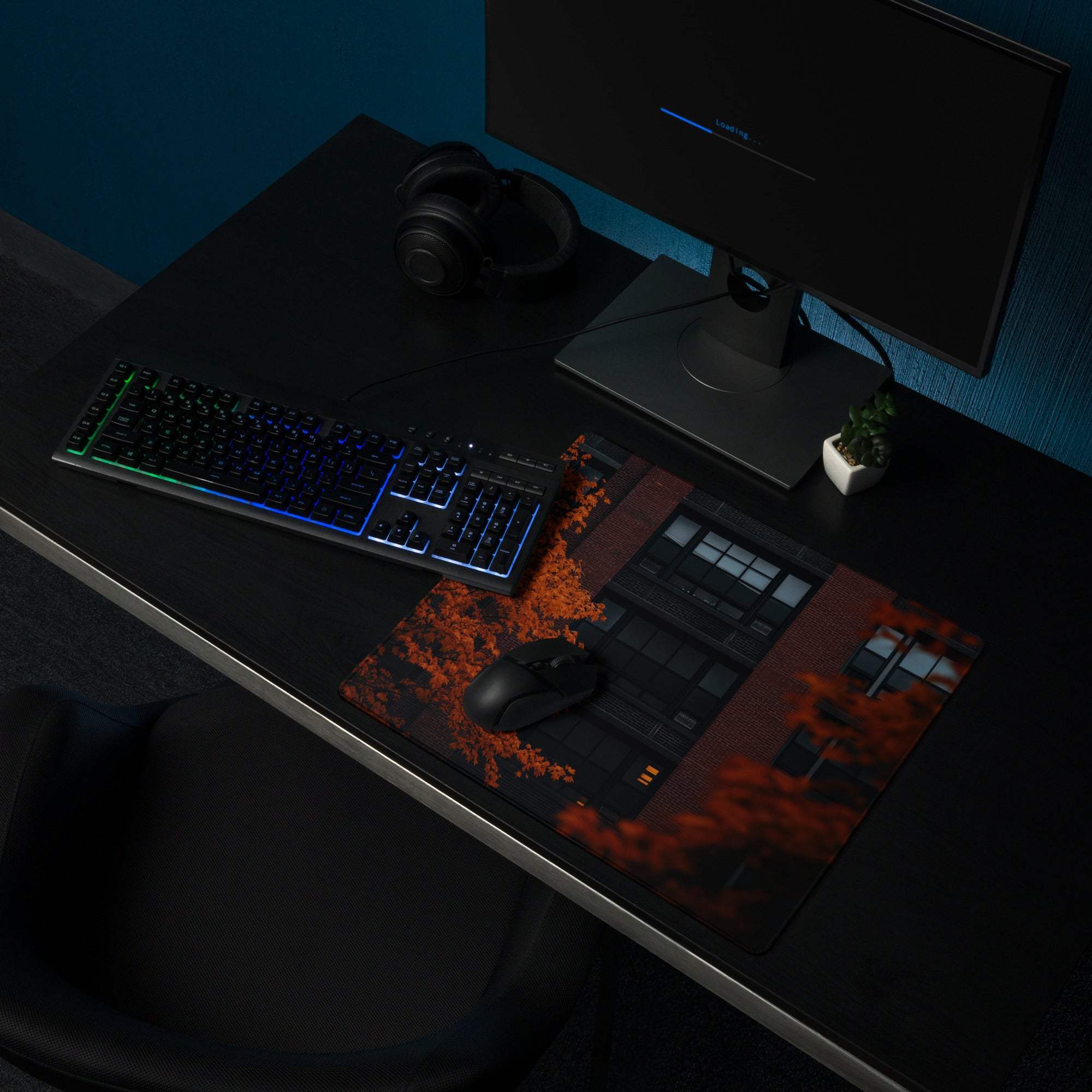 Black and orange cityscape gaming mouse pad with non-slip base