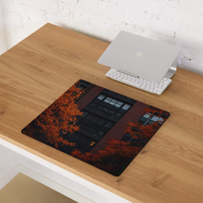 Large autumn orange cityscape gaming mouse pad with tree print
