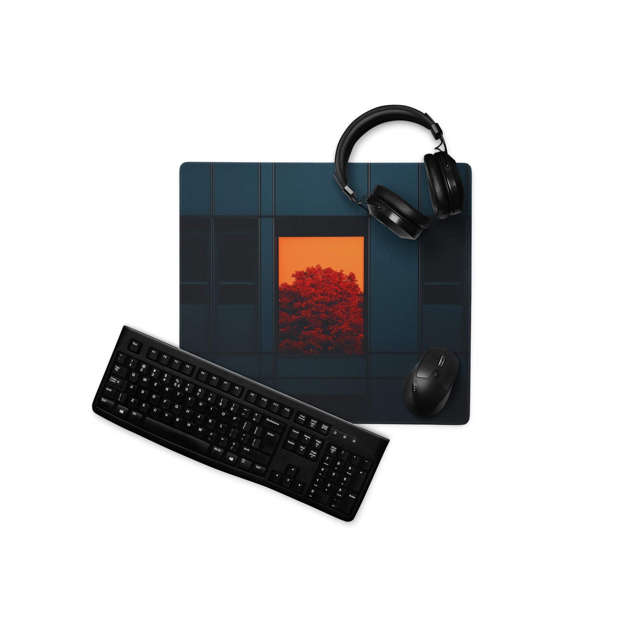 Modern dark blue gaming mousepad with orange window accent, red foliage, headphones, keyboard