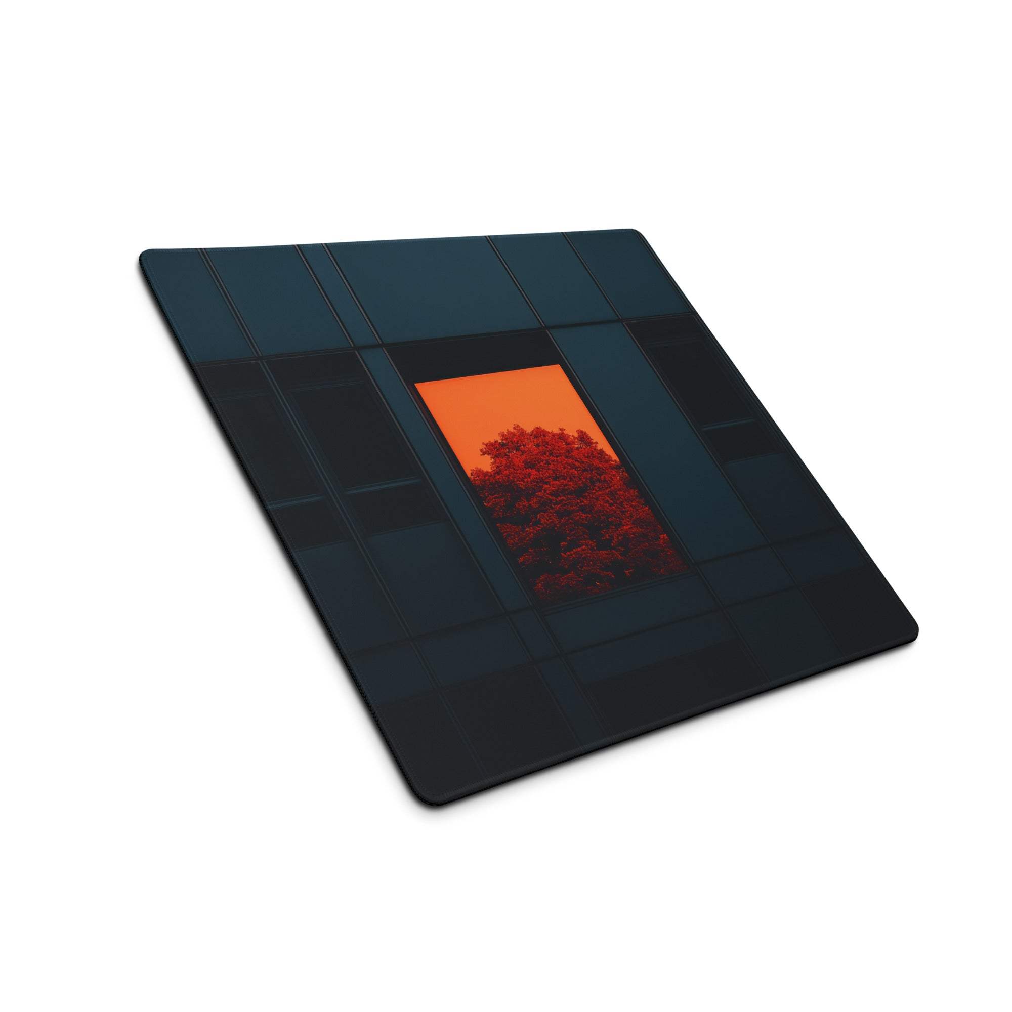Dark blue gaming mouse pad with orange sunset coaster accent