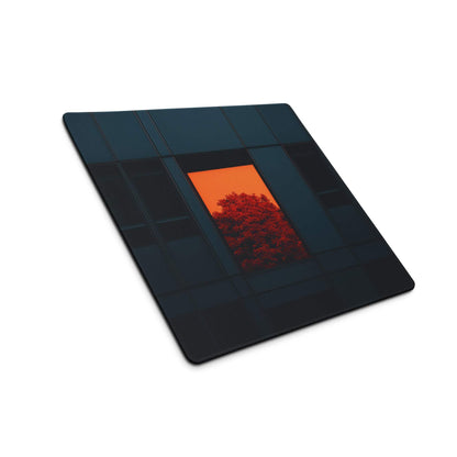 Dark blue gaming mouse pad with orange sunset coaster accent