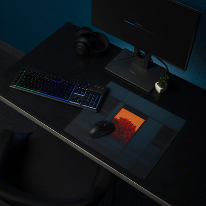 Modern dark blue gaming mouse pad with orange window accent and sunset design